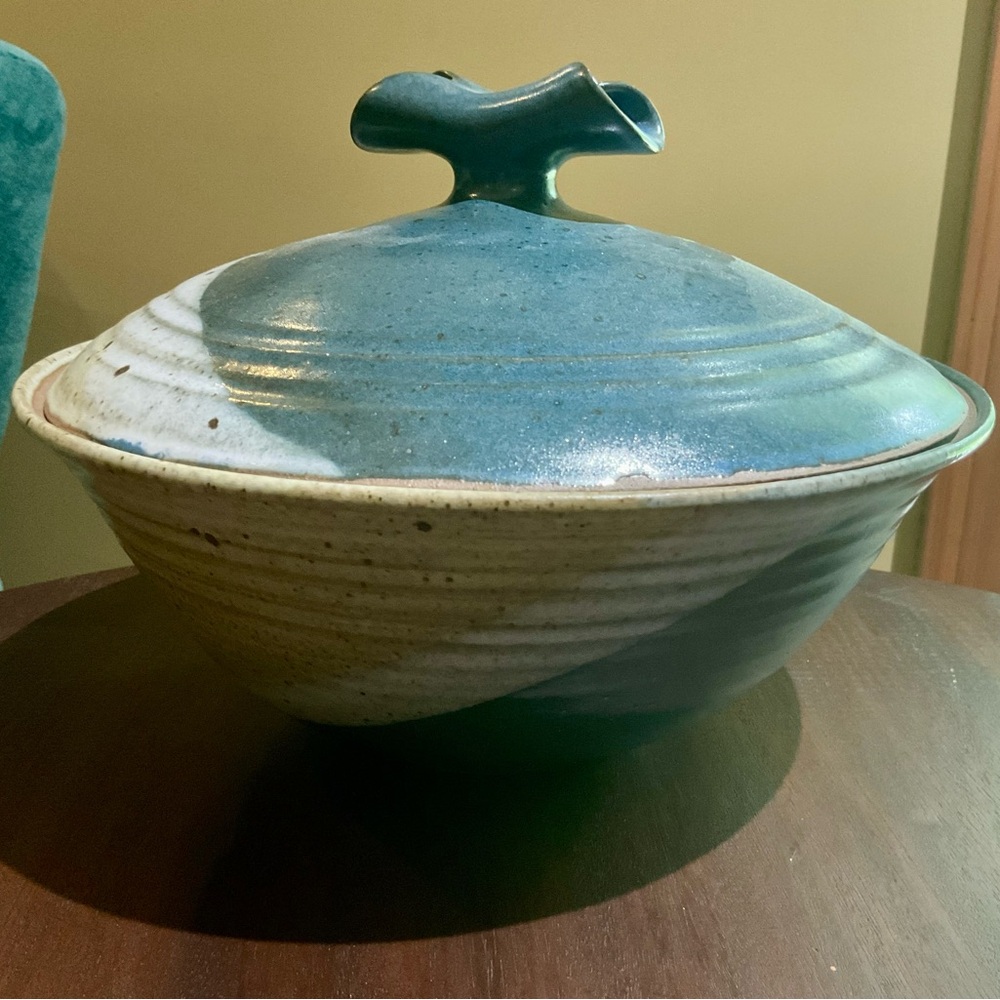 Lori Cole signed Ceramic Lidded Bowl - Blue/Green, Tan and White Exc